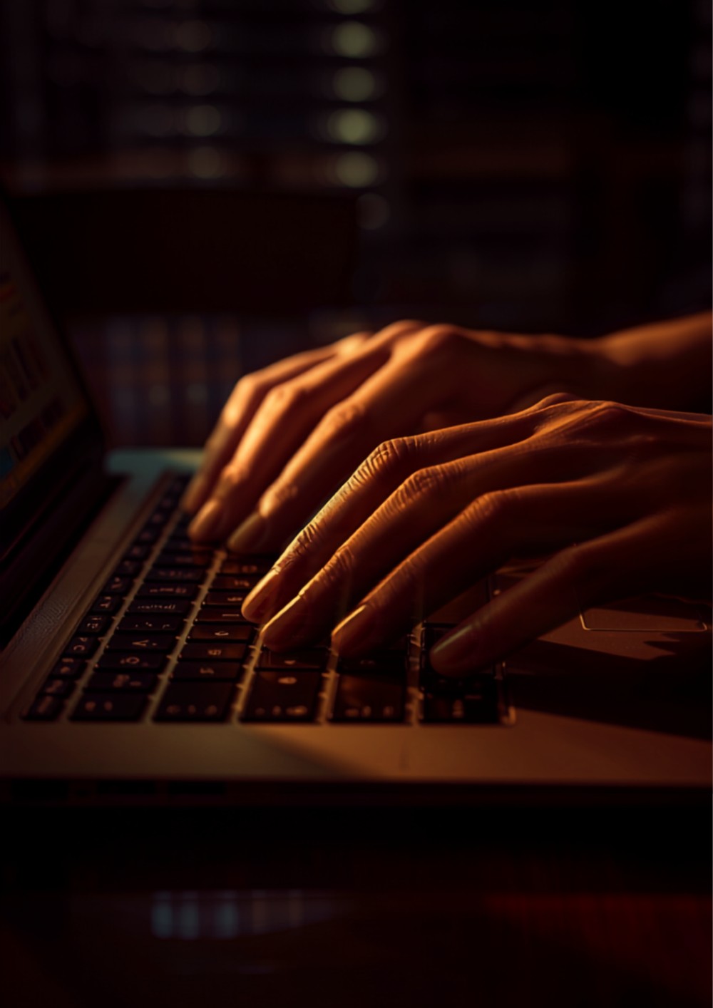 close-up of hands typing on a laptop keyboard with warm amber lighting