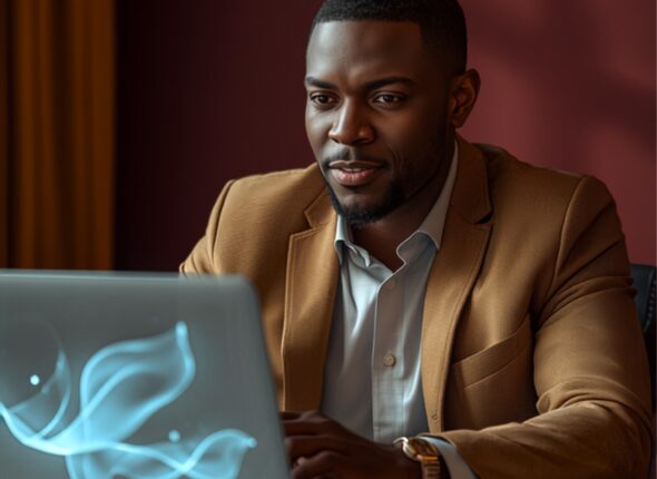 AI skills for Nigerian professionals, confident professional working thoughtfully on a laptop