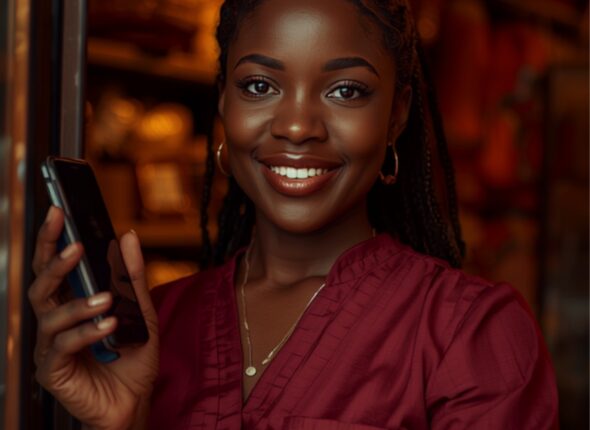 AI tools for Nigerian business owners, confident business owner smiling and holding a smartphone in her shop