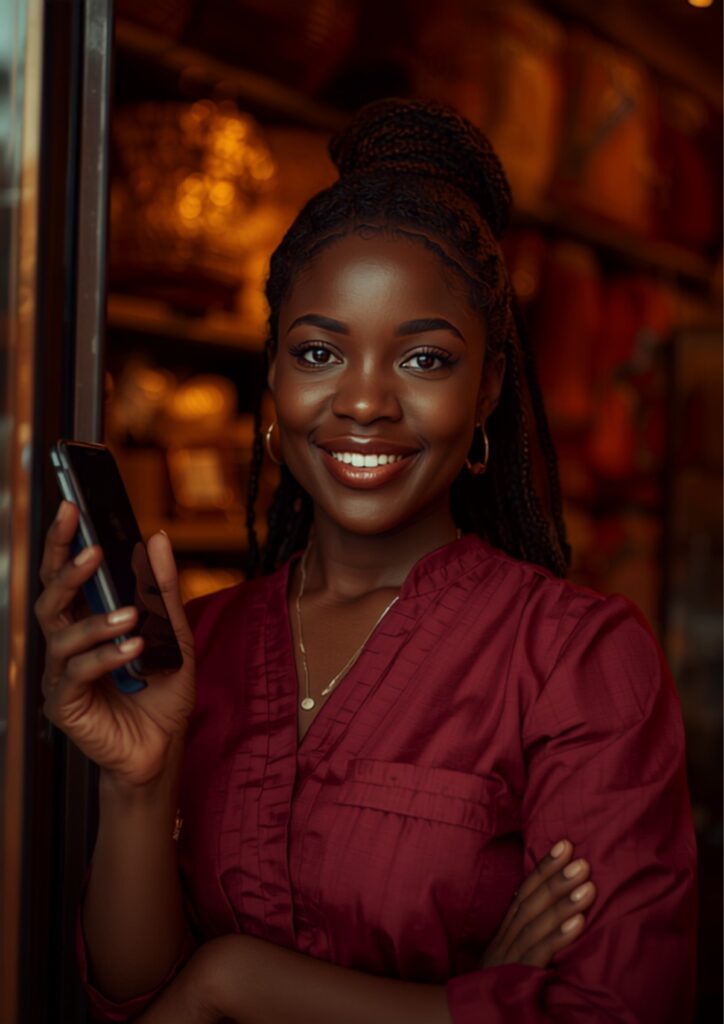AI tools for Nigerian business owners, confident business owner smiling and holding a smartphone in her shop