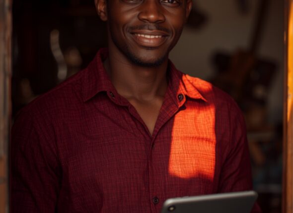 automate a business task without code, smiling Nigerian small business owner holding a tablet in his shop