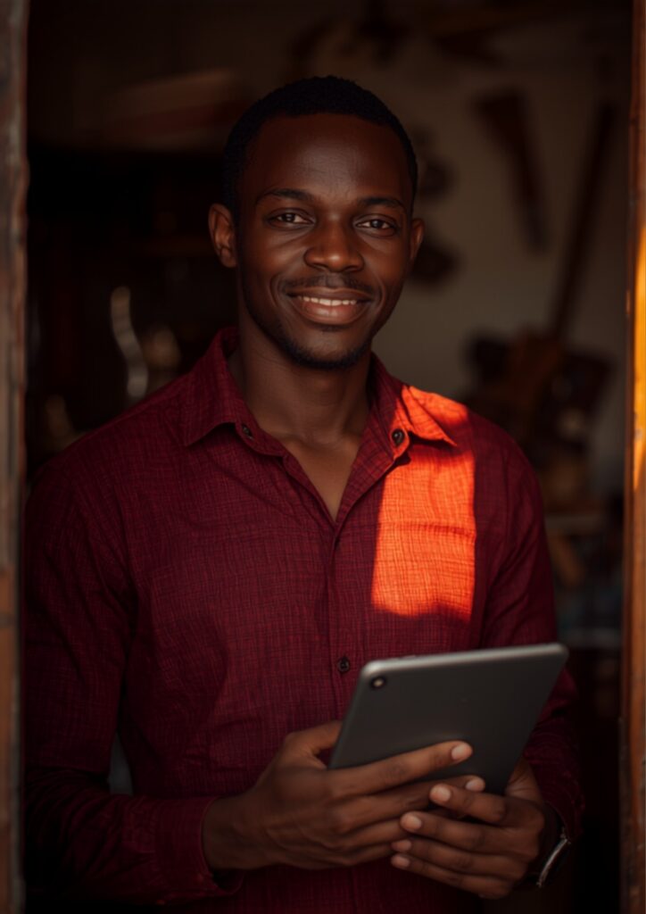 automate a business task without code, smiling Nigerian small business owner holding a tablet in his shop