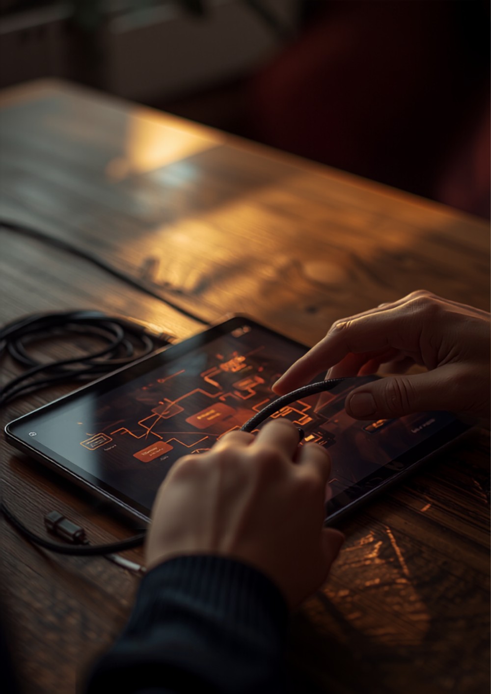 hands interacting with a tablet displaying an abstract glowing workflow diagram, warm lighting. automate a business task without code