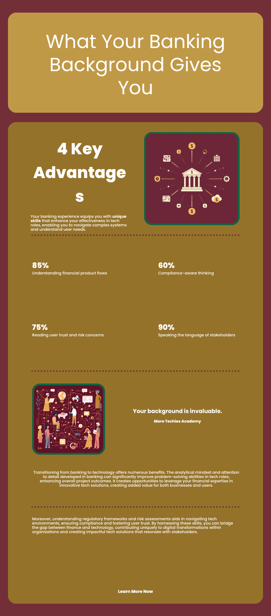 infographic listing what a banking background gives you: financial product flows, compliance aware thinking, user trust and risk, stakeholder communication