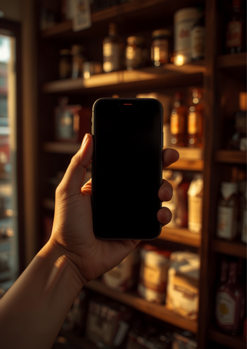 hand holding a smartphone with a blank screen inside a small shop with shelves of products