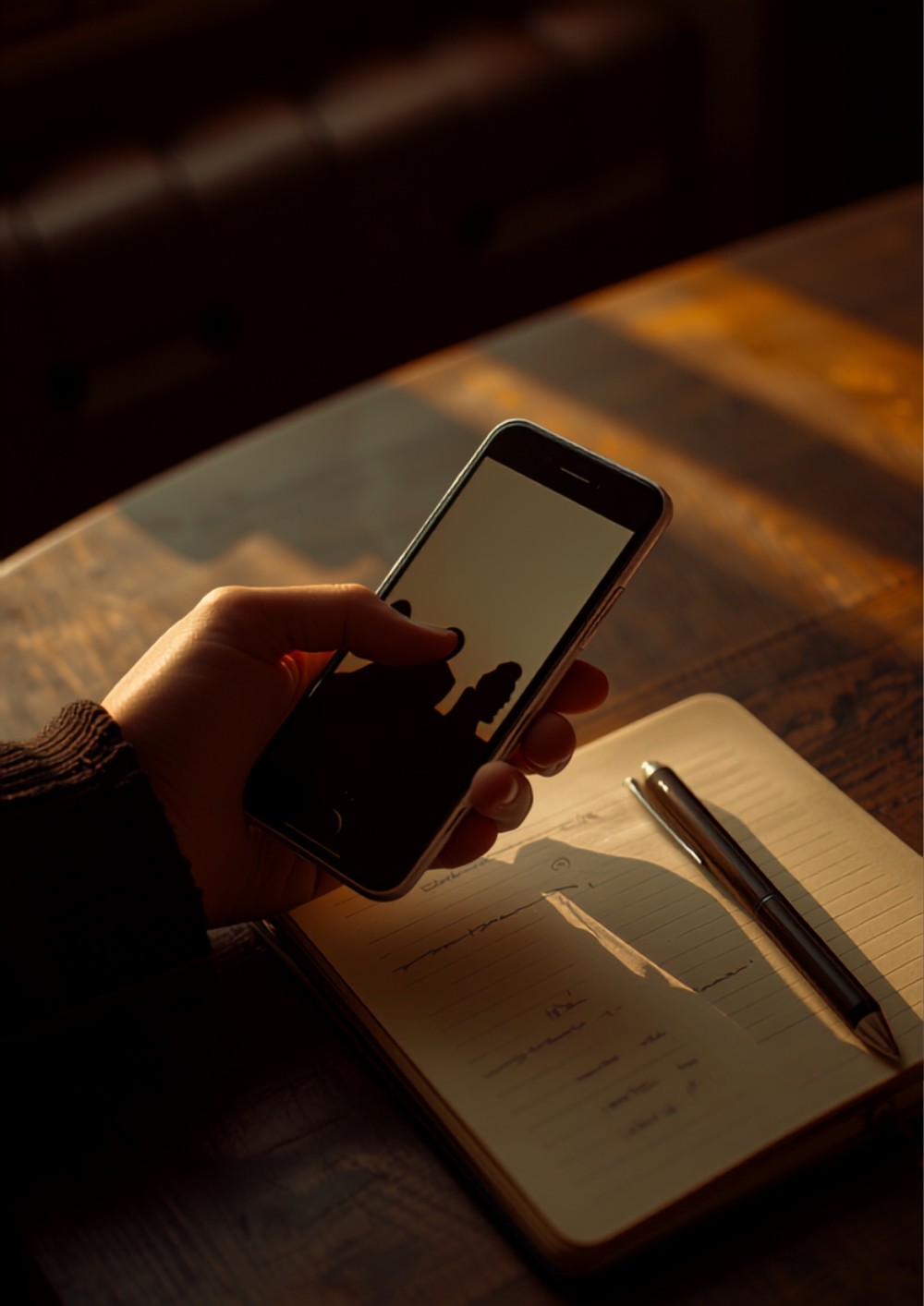 hand holding a smartphone at a cafe table next to an open notebook, warm afternoon light