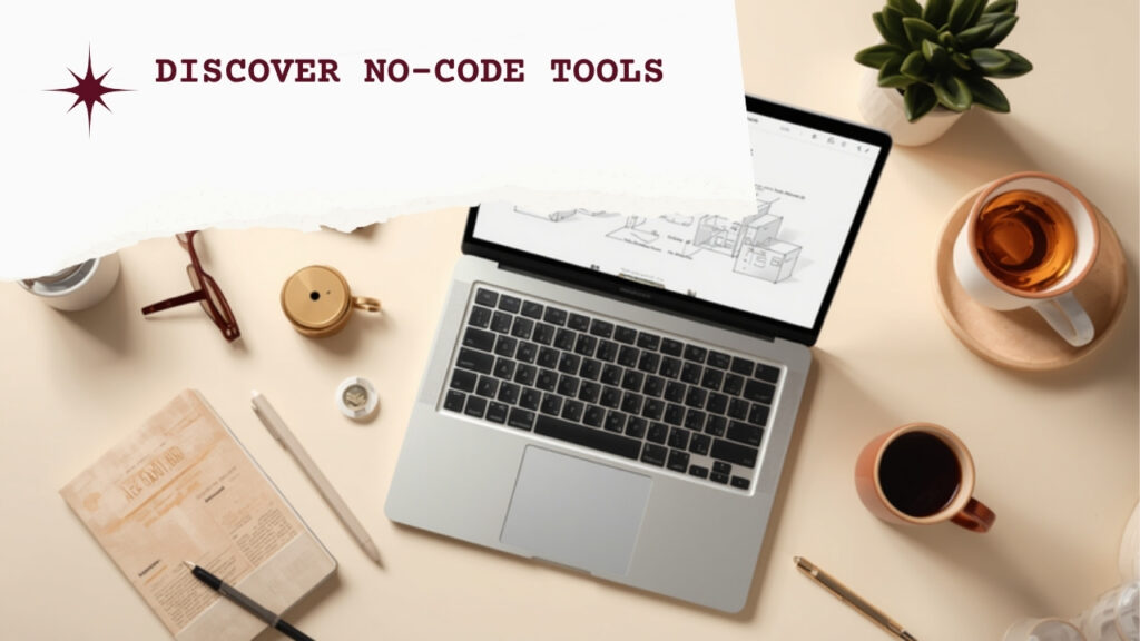 laptop and workspace flat lay representing no-code tools for beginners