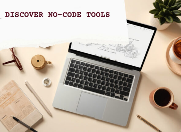laptop and workspace flat lay representing no-code tools for beginners