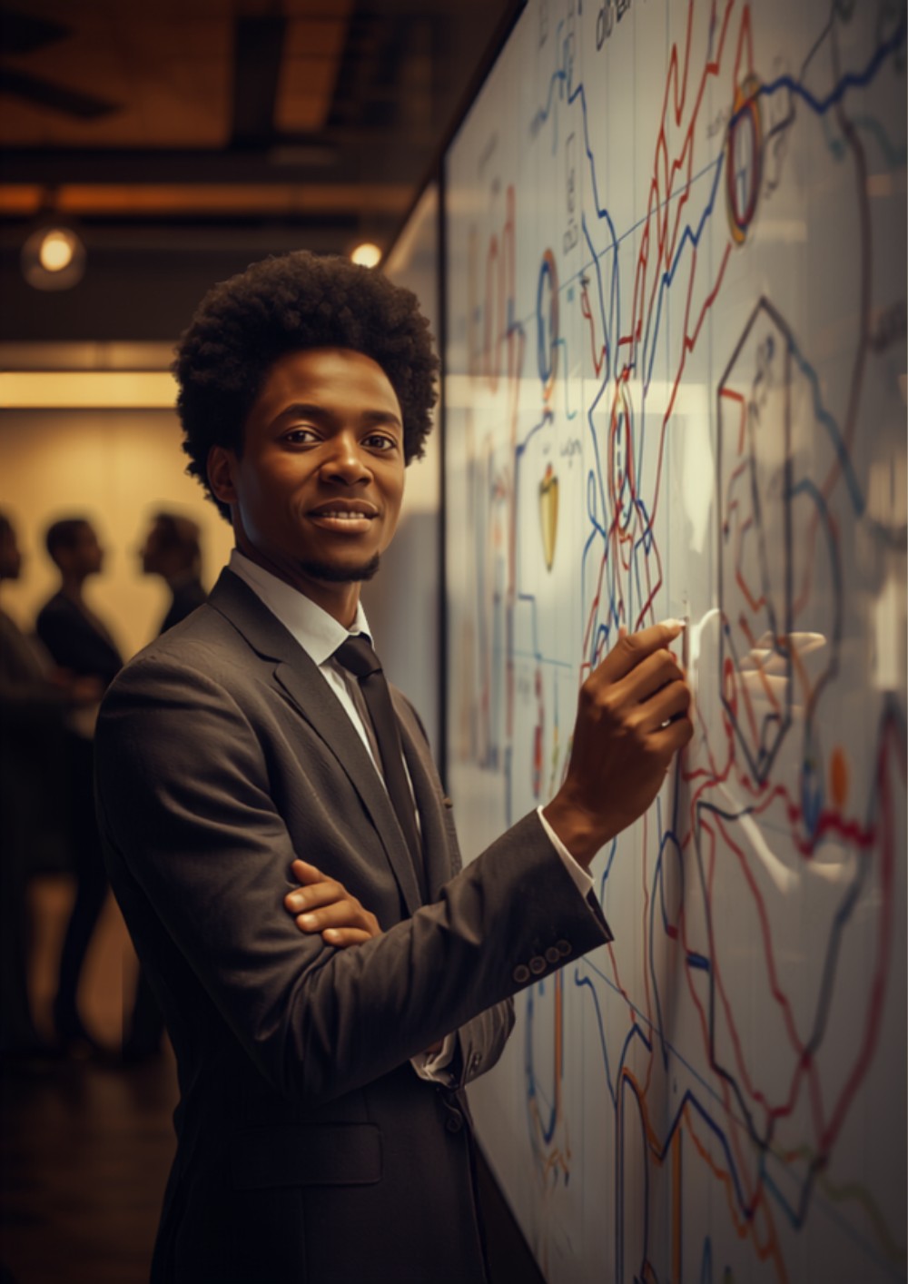 confident professional drawing an abstract data flow diagram on a glass whiteboard