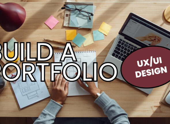 designer's desk with wireframe sketches and a laptop open to a UI design tool